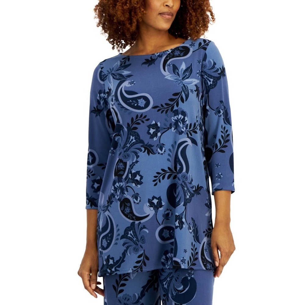 JM Collection Top Womens Medium Blue Paisley Floral Tunic Gauze Blouse Peasant